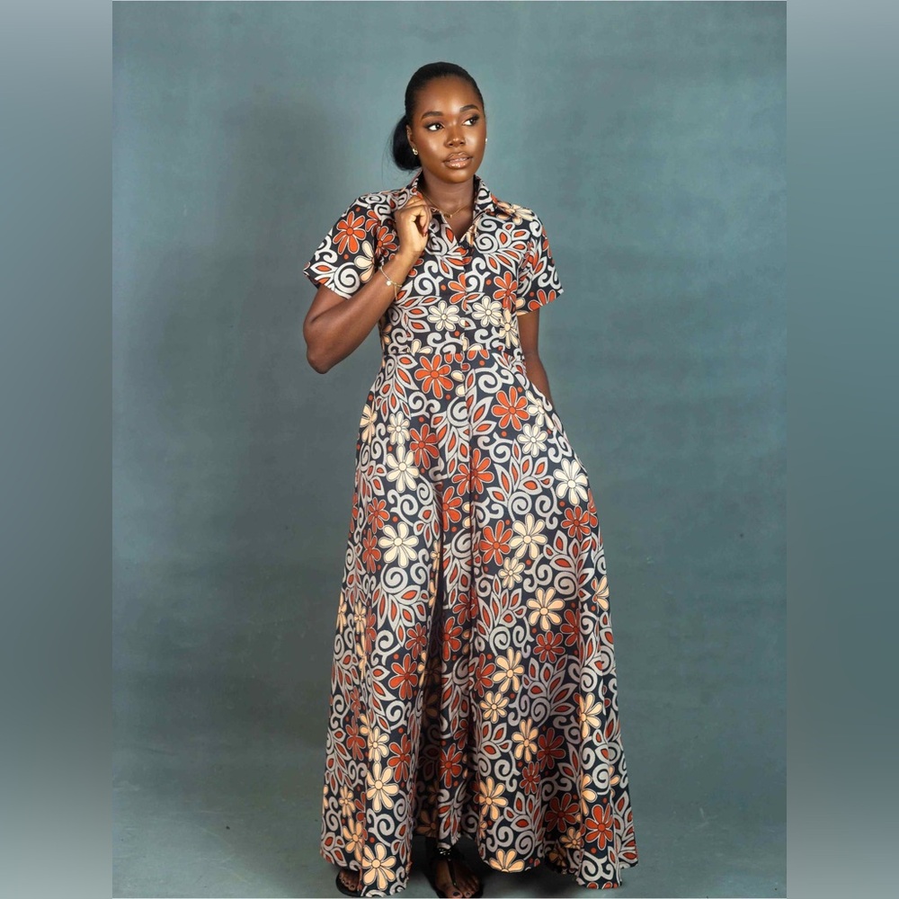 Elisamama Feyi Short Sleeve Midi Shirt Dress Brown Tan Floral Women’s Small